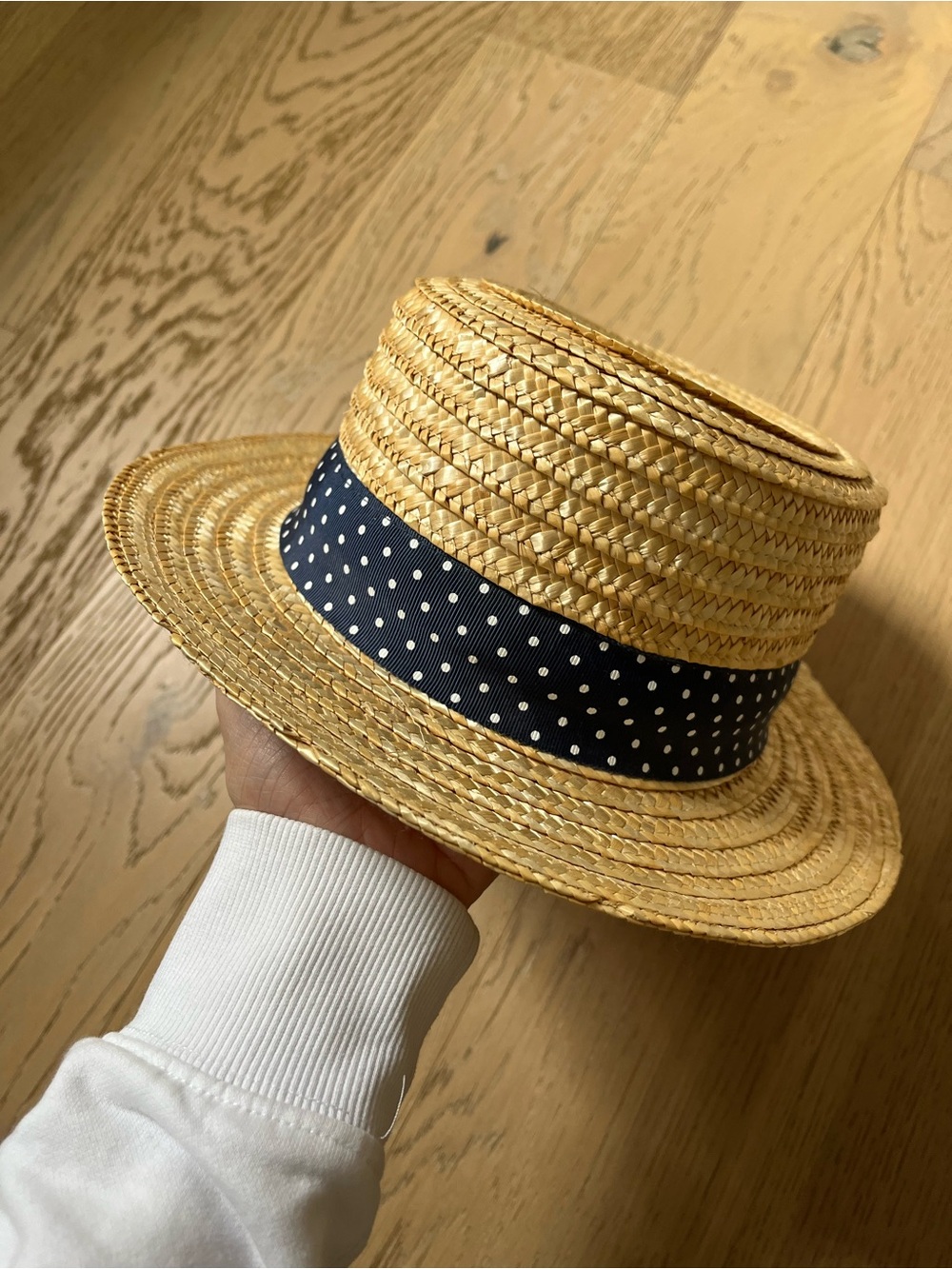 Bonpoint Straw Boater Hat with Navy Polka Dot Band